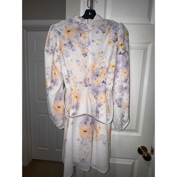 Floral Mini Dress Bishop Sleeve Pearl Button Belted Party Cocktail Dress - Picture 9 of 9